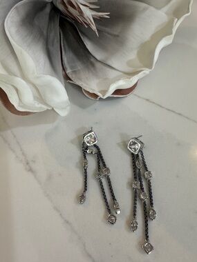 Dangle Chain Drop Earrings in Silver and Black with Clear Stones Fashion Jewelry